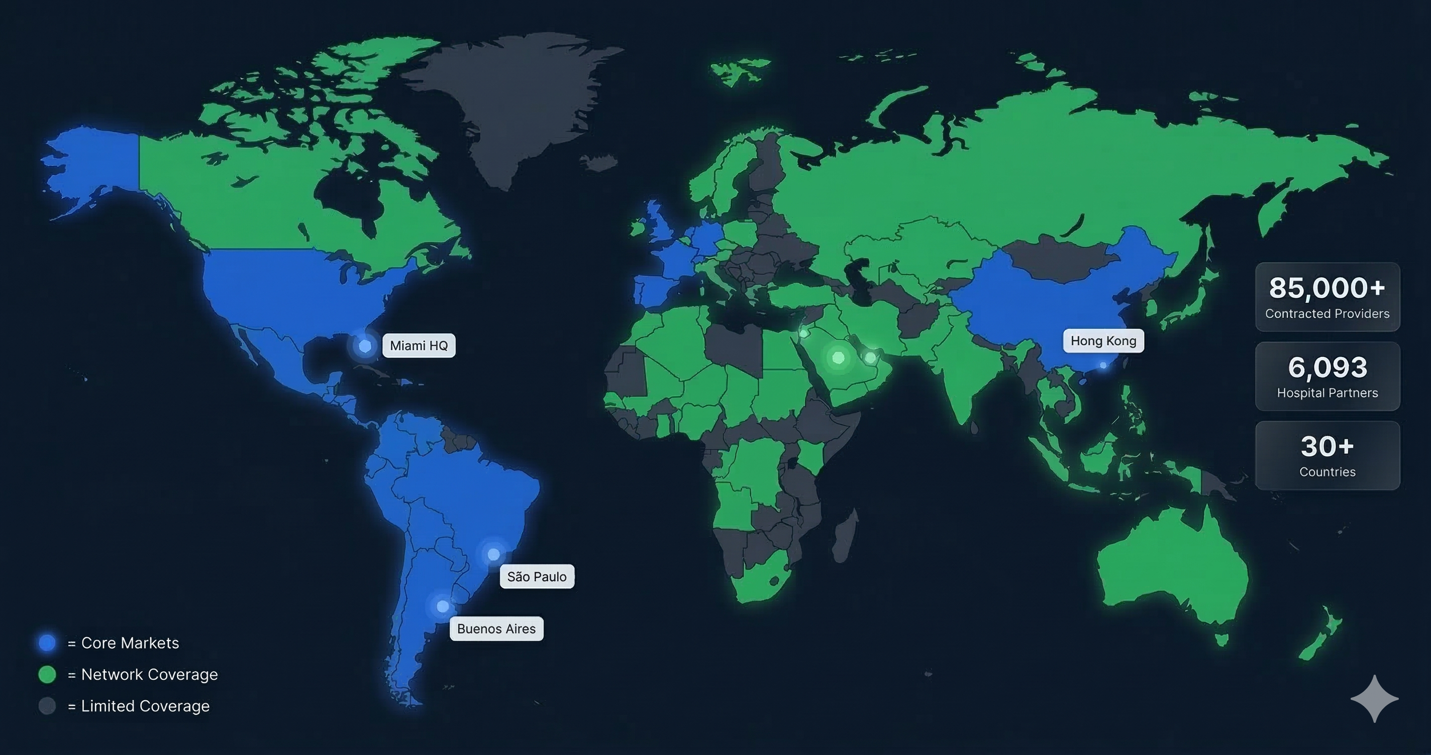 MDabroad global provider network map showing coverage across 30+ countries